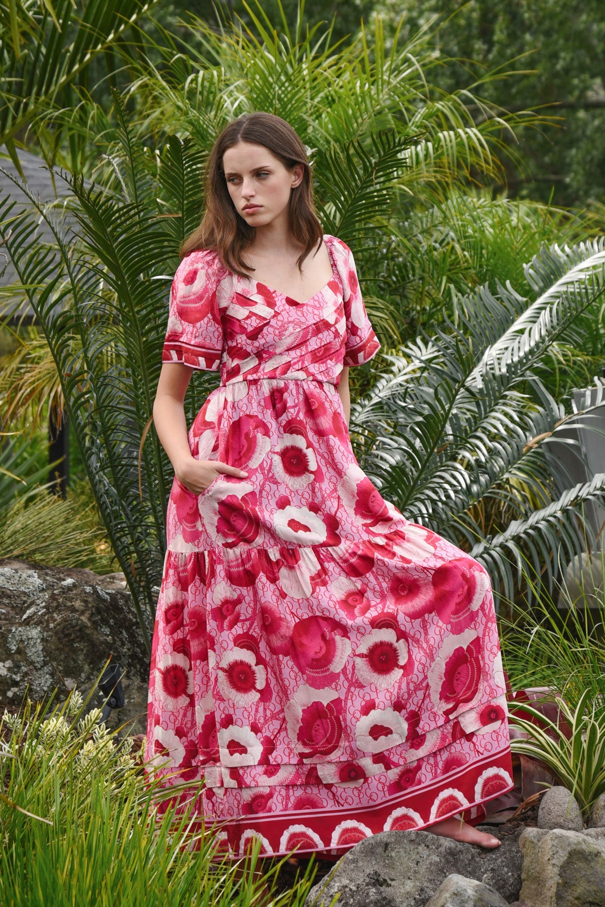 COOP GO WITH THE FLO RAL DRESS RAYON VISCOSE LINEN COTTON FLORAL PINK MIDI DRESS