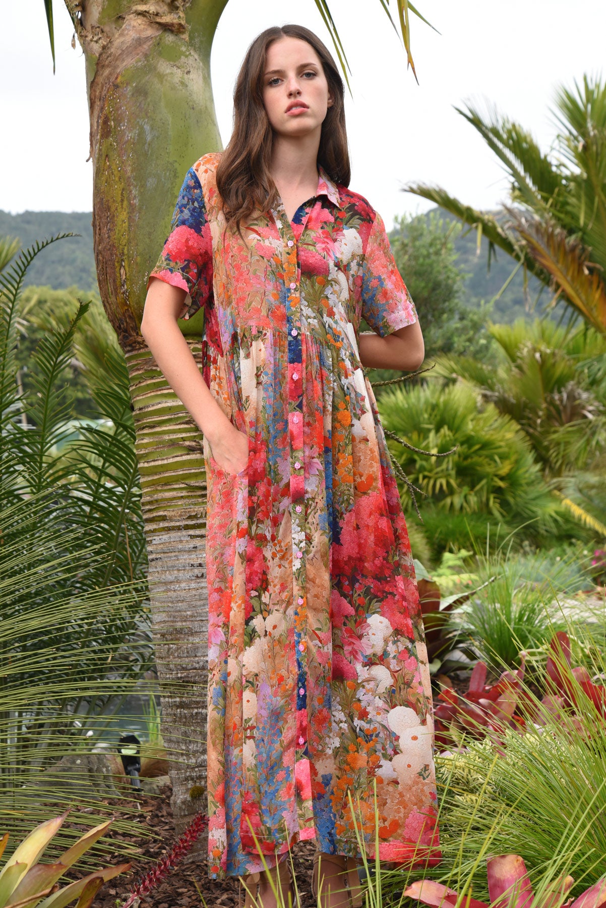 COOP FLOR EVER AFTER DRESS VISCOSE PINK FLORAL SHIRT DRESS MAXI