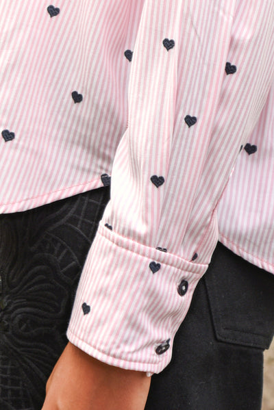 COOP HEART LINE SHIRT PINK STRIPE SHIRT WITH BLACK HEART PRINT CLASSIC BUTTON UP SHIRT