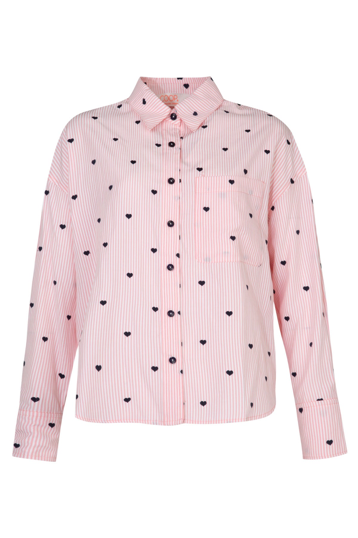 COOP HEART LINE SHIRT PINK STRIPE SHIRT WITH BLACK HEART PRINT CLASSIC BUTTON UP SHIRT