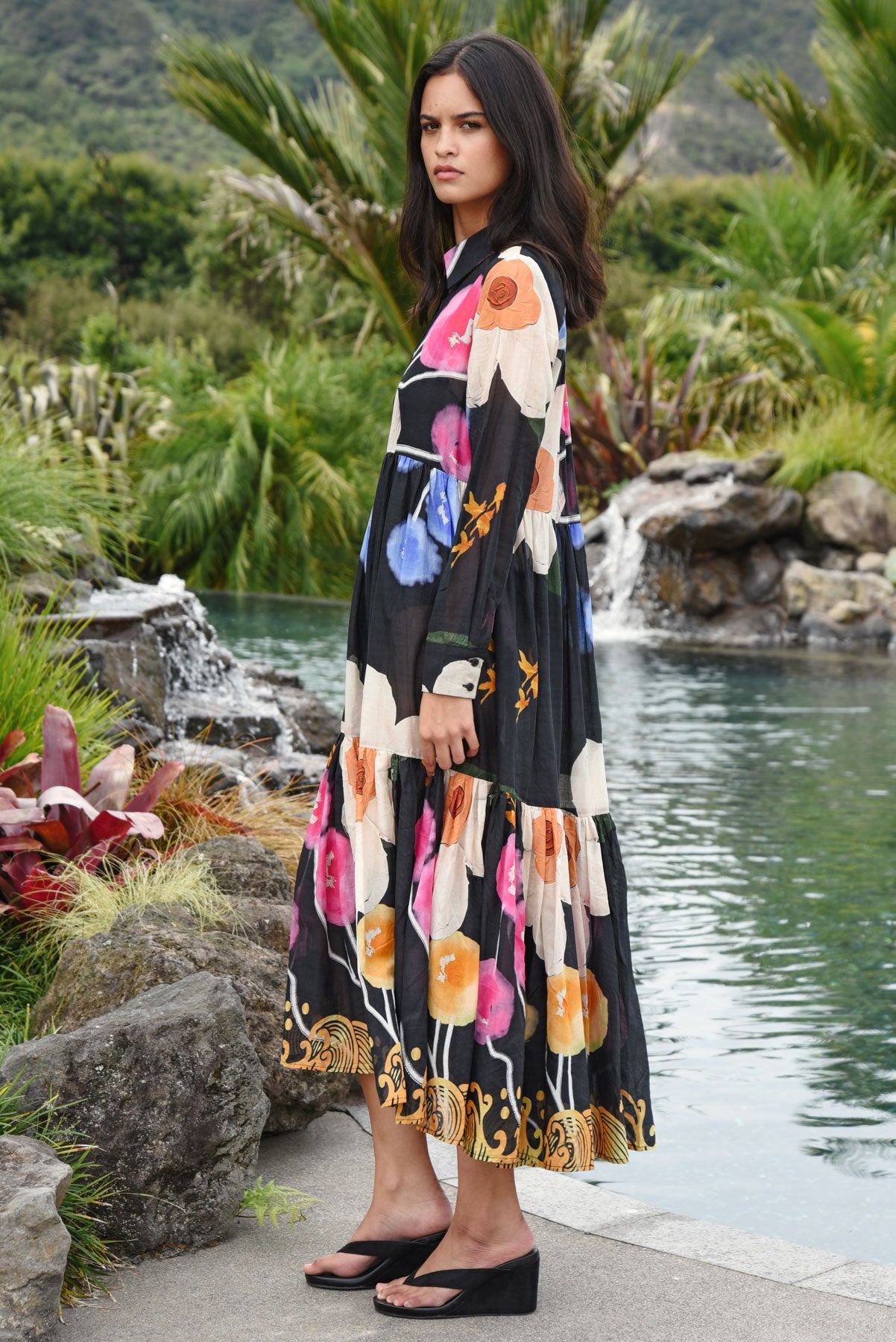 COOP UNDER THE SWOON LIGHT DRESS COTTON BLACK MAXI SHIRT DRESS FLORAL