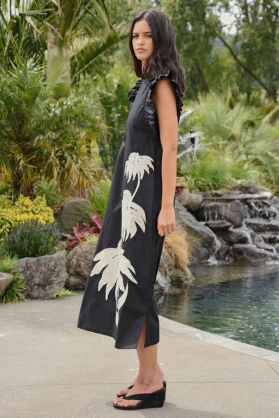 COOP THREE MENDOUS BLOOMS DRESS COTTON MIDI DRESS BLACK AND CREAM FLORAL