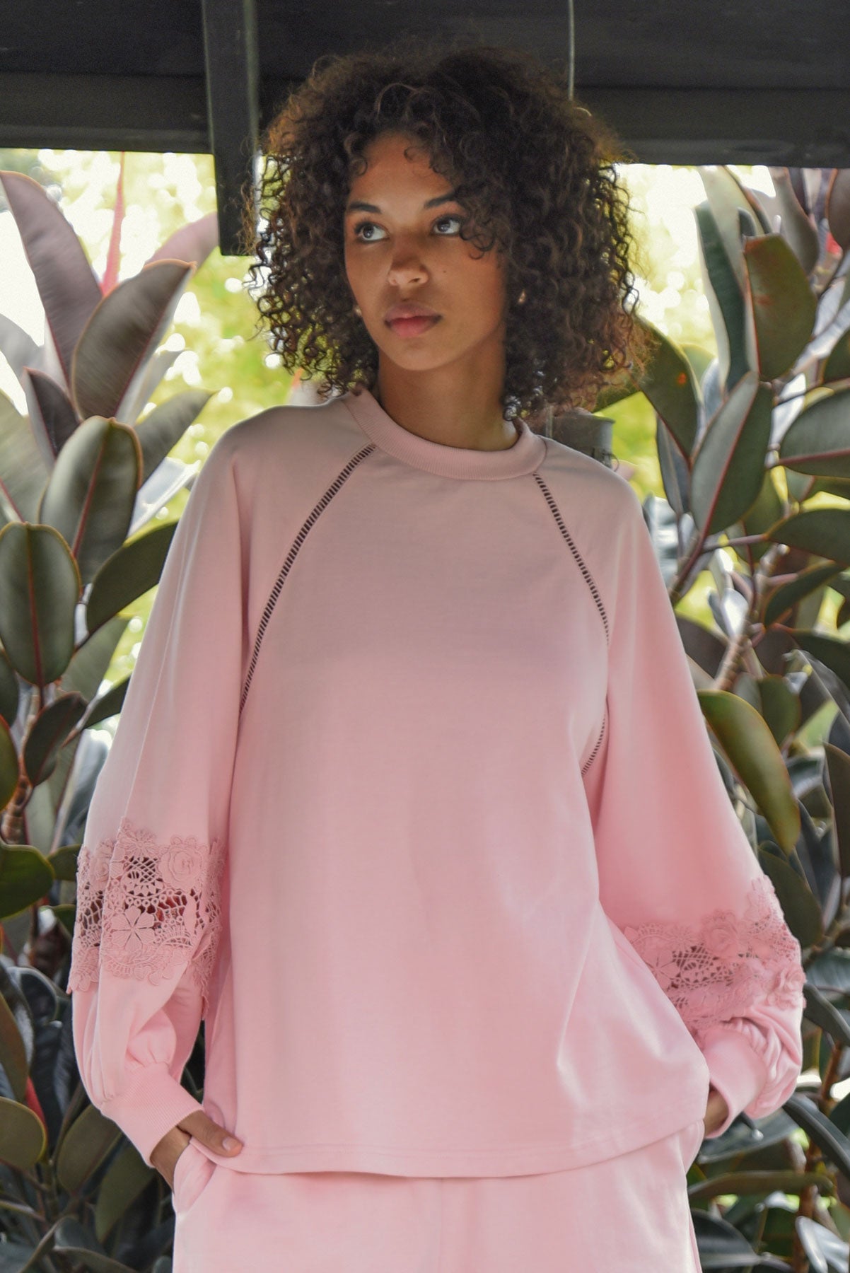 COOP LACY DAYS JUMPER BABY PINK COTTON CRE NECK JUMPER WITH CUT OUT LACE DETAILING ON THE SLEEVES 