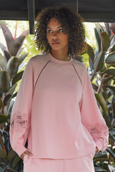 COOP LACY DAYS JUMPER BABY PINK COTTON CRE NECK JUMPER WITH CUT OUT LACE DETAILING ON THE SLEEVES 