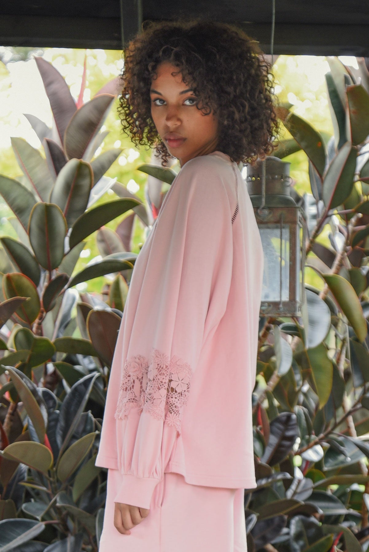 COOP LACY DAYS JUMPER BABY PINK COTTON CRE NECK JUMPER WITH CUT OUT LACE DETAILING ON THE SLEEVES 