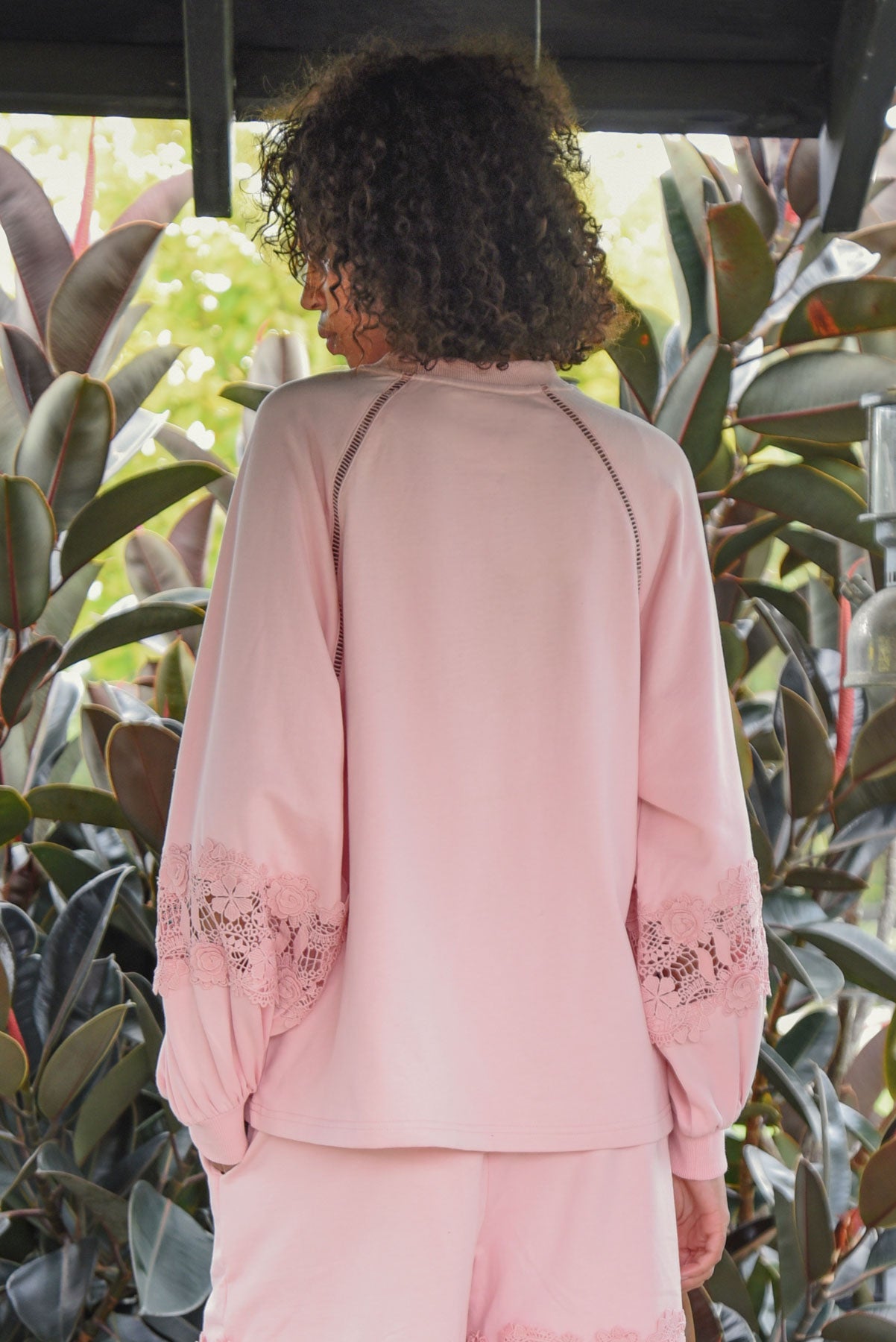 COOP LACY DAYS JUMPER BABY PINK COTTON CRE NECK JUMPER WITH CUT OUT LACE DETAILING ON THE SLEEVES 