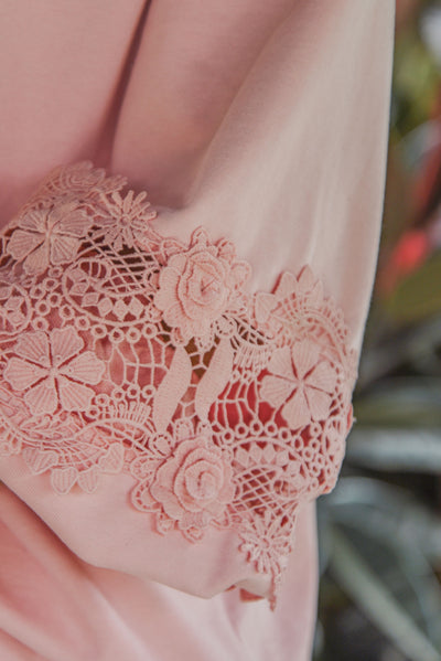 COOP LACY DAYS JUMPER BABY PINK COTTON CRE NECK JUMPER WITH CUT OUT LACE DETAILING ON THE SLEEVES 