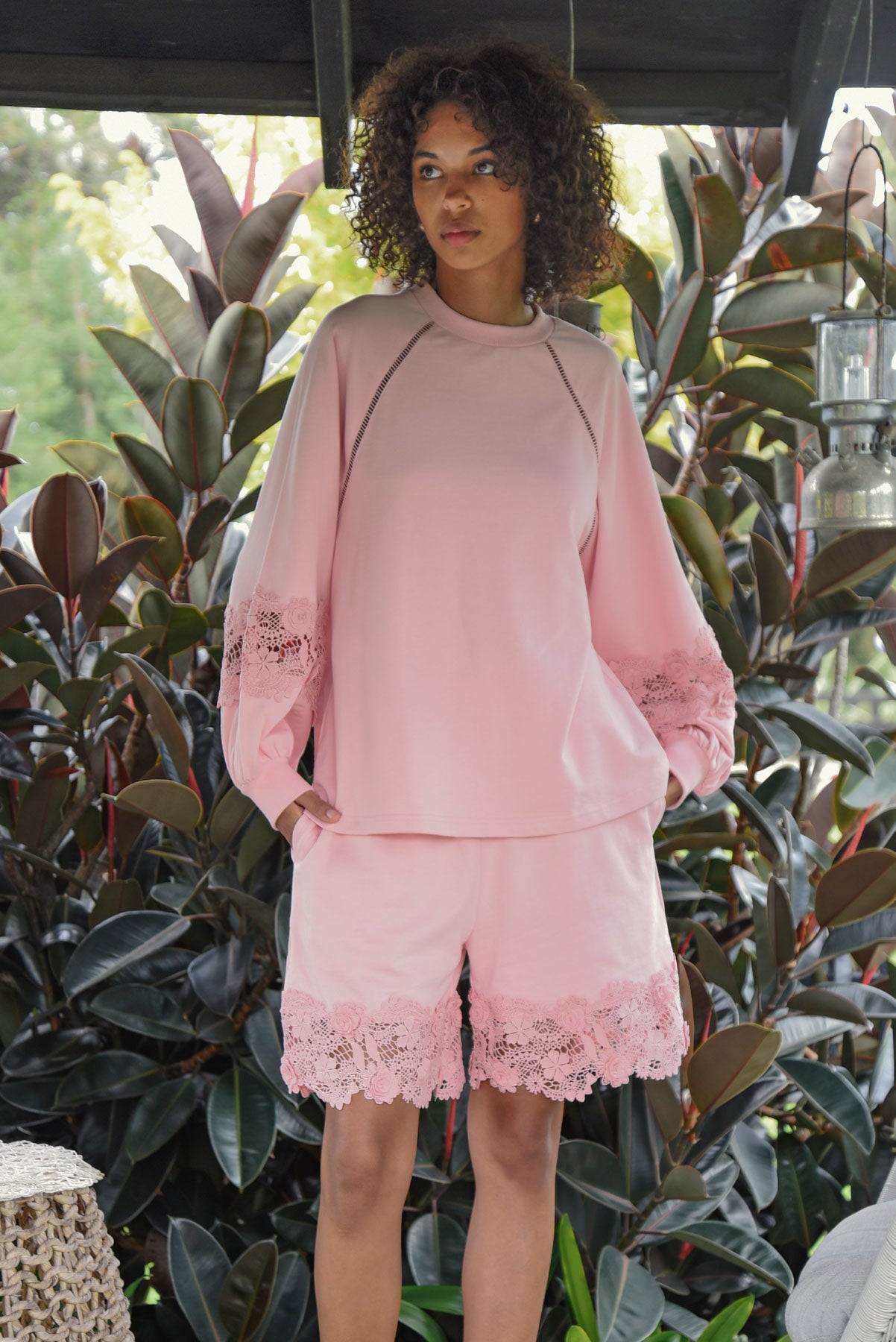 COOP LACY DAYS JUMPER BABY PINK COTTON CRE NECK JUMPER WITH CUT OUT LACE DETAILING ON THE SLEEVES 