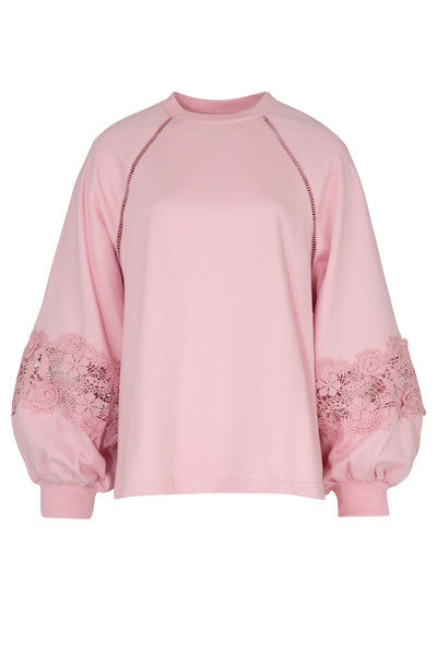 COOP LACY DAYS JUMPER BABY PINK COTTON CRE NECK JUMPER WITH CUT OUT LACE DETAILING ON THE SLEEVES 