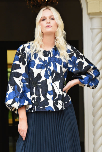 CURATE HAPPY TO BE HERE SHIRT LINEN COTTON BLUE NAVY FLORAL TOP