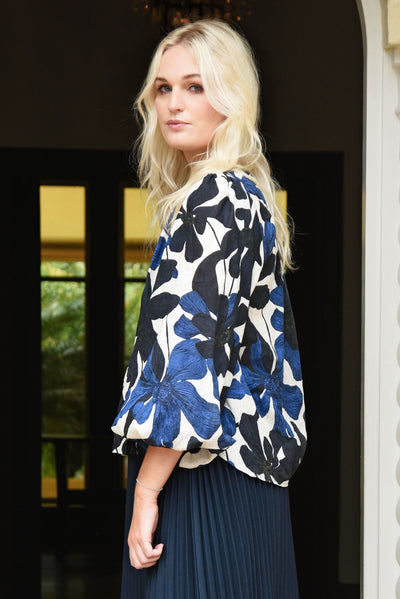 CURATE HAPPY TO BE HERE SHIRT LINEN COTTON BLUE NAVY FLORAL TOP