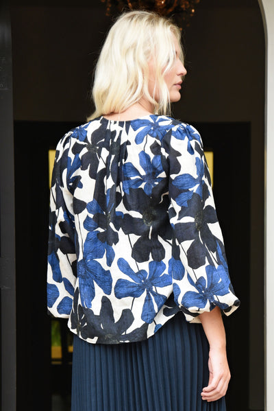 CURATE HAPPY TO BE HERE SHIRT LINEN COTTON BLUE NAVY FLORAL TOP
