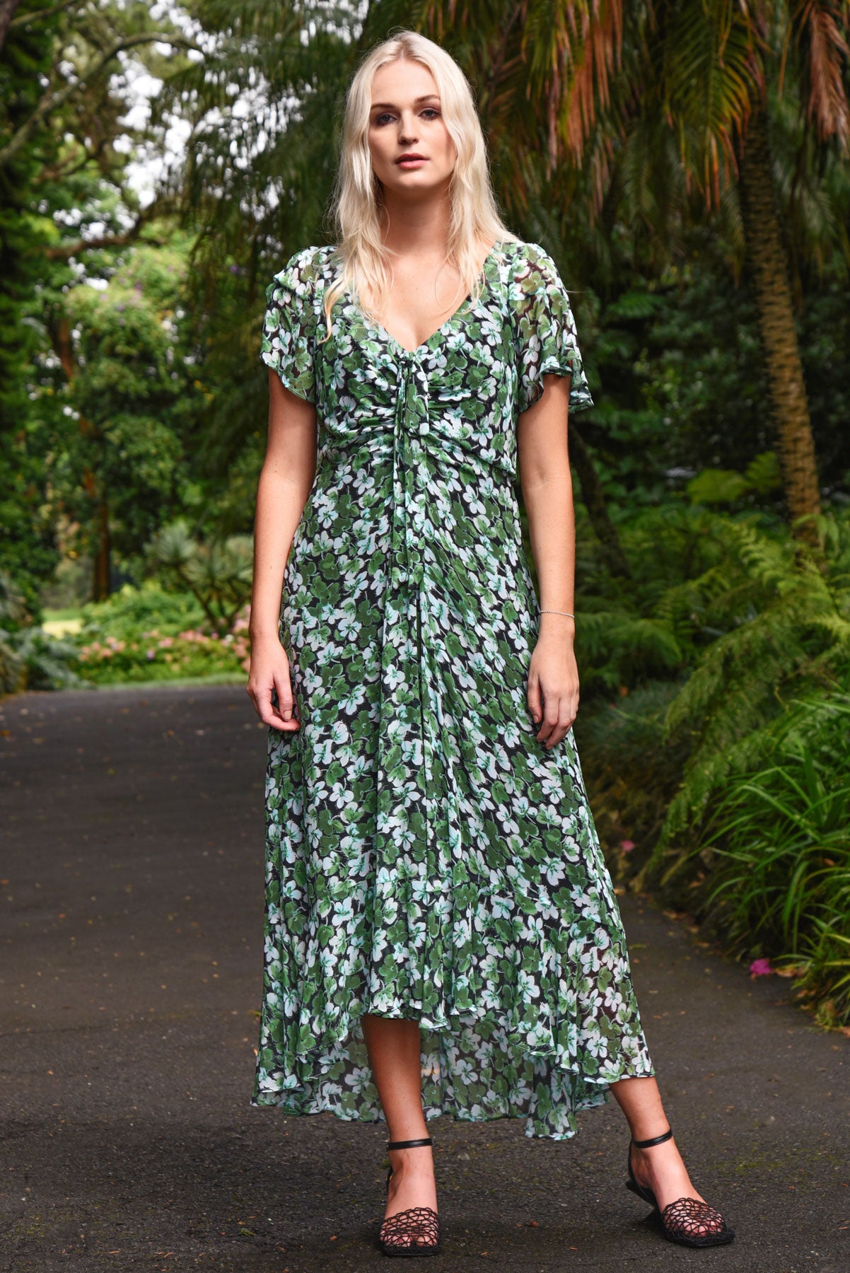 CURATE ITS A NEW DAY DRESS GREEN FLORAL FLOWY MAXI DRESS WITH GATHERS AND TIES TO CINCH AT THE BUST