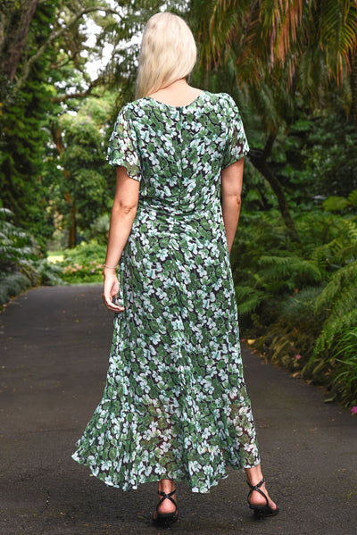 CURATE ITS A NEW DAY DRESS GREEN FLORAL FLOWY MAXI DRESS WITH GATHERS AND TIES TO CINCH AT THE BUST
