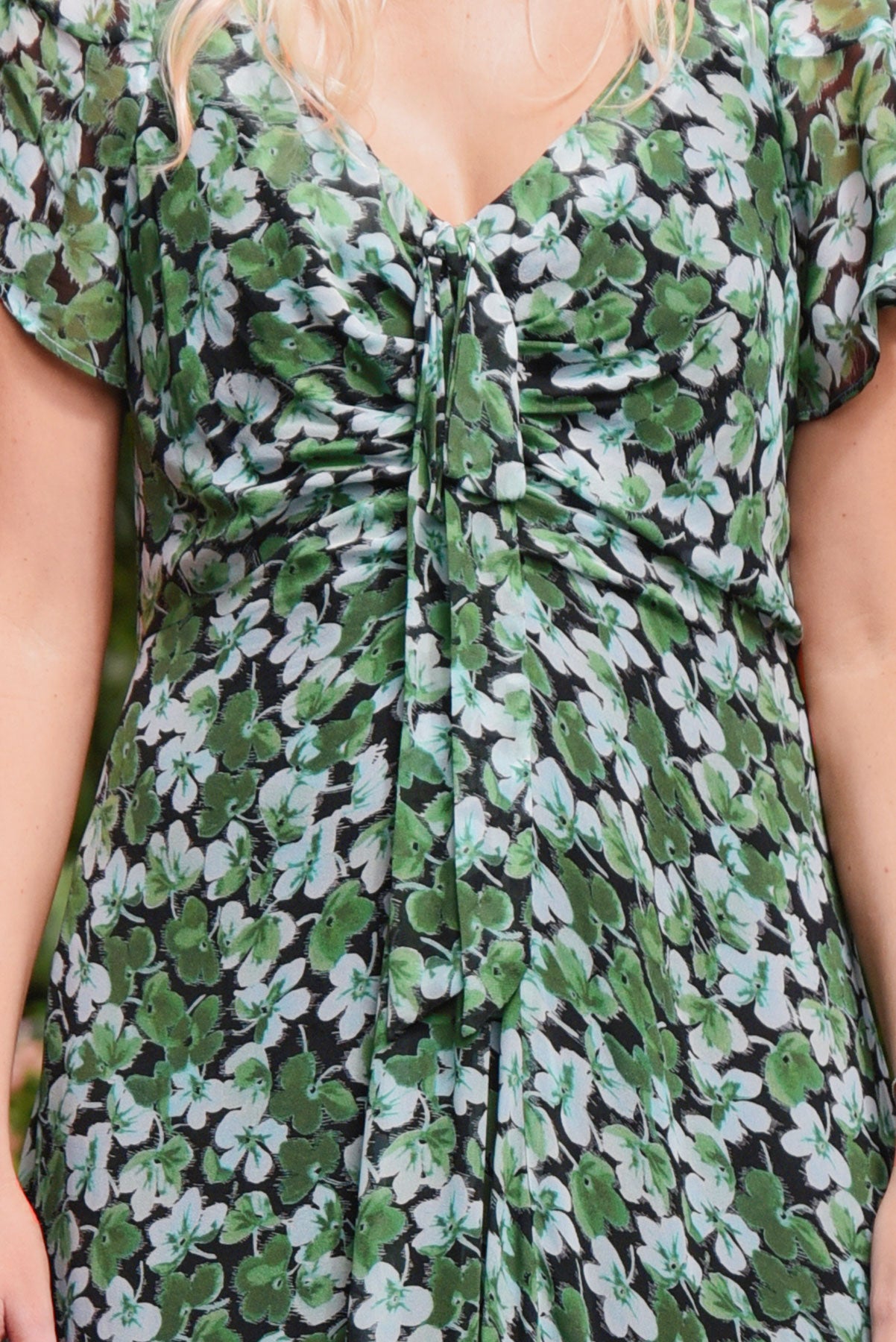 CURATE ITS A NEW DAY DRESS GREEN FLORAL FLOWY MAXI DRESS WITH GATHERS AND TIES TO CINCH AT THE BUST