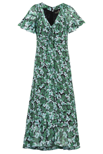 CURATE ITS A NEW DAY DRESS GREEN FLORAL FLOWY MAXI DRESS WITH GATHERS AND TIES TO CINCH AT THE BUST