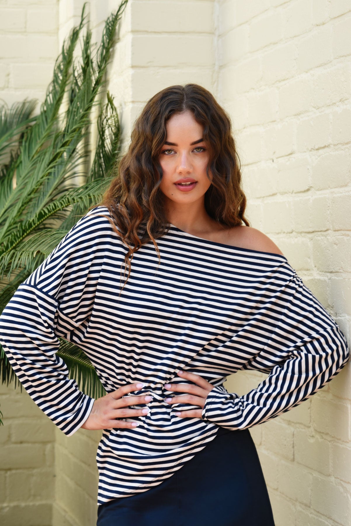 CURATE DOUBLE AGENT TOP OFF THE SHOULDER NAVY STRIPE LONG SLEEVE TOP
