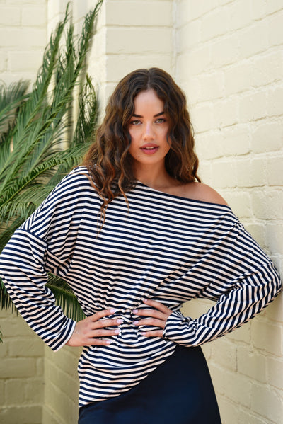CURATE DOUBLE AGENT TOP OFF THE SHOULDER NAVY STRIPE LONG SLEEVE TOP