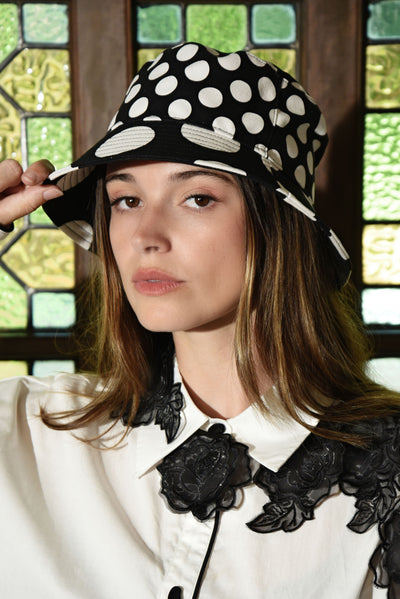 CURATE BRIMMING WITH JOY HAT COTTON BUCKET HAT SPOT BLACK AND WHITE
