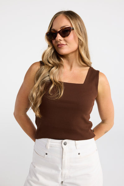 INK CUBE TANK TOP SLEEVELESS BROWN CHOCOLATE BROWN SQUARE NECK RIBBED SOFT FEEL LIGHTWEIGHT STRETCH COMFORTABLE BREATHABLE RELAXED FIT FIGURE SKIMMING CASUAL EVERYDAY WEAR SUMMER ESSENTIAL WARDROBE STAPLE VERSATILE EASY TO STYLE MINIMALIST CLASSIC TIMELESS BASIC TOP LAYERING PIECE NEUTRAL TONE WHITE BROWN GREY