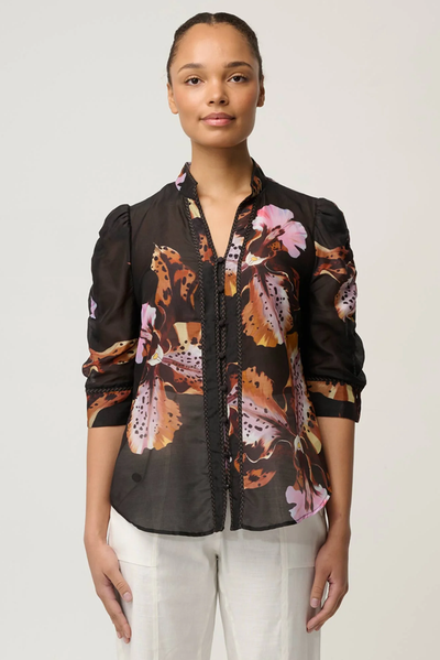ONCE WAS CALANTHA BLOUSE COTTON SILK SUNSET FLORAL BLACK SHIRT