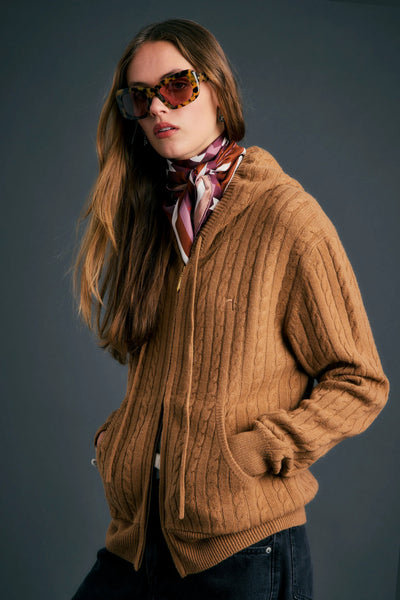 KAREN WALKER CAMPUS CABLE KNIT HOODIE TAN MERINO CASHMERE KNITWEAR