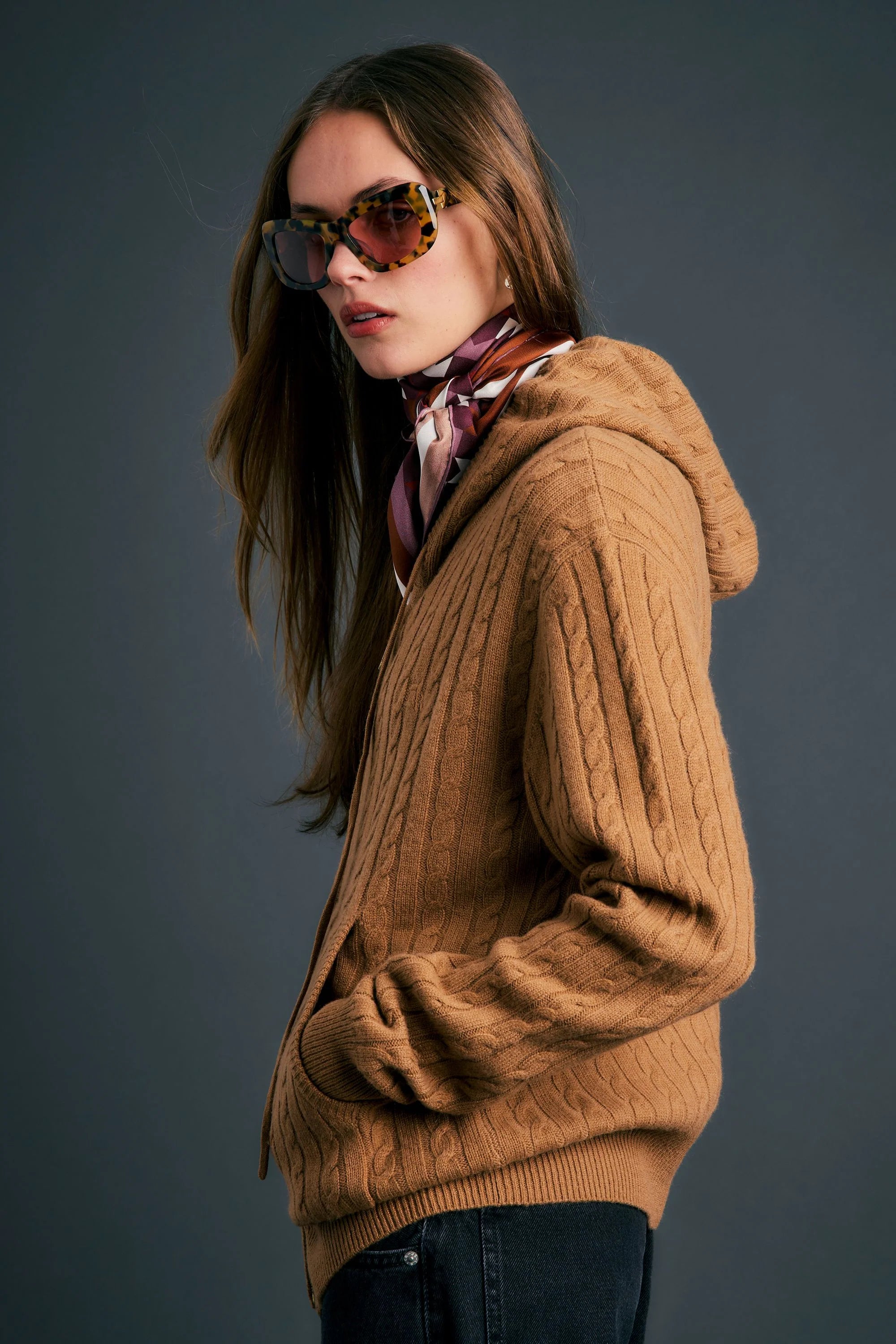 KAREN WALKER CAMPUS CABLE KNIT HOODIE TAN MERINO CASHMERE KNITWEAR
