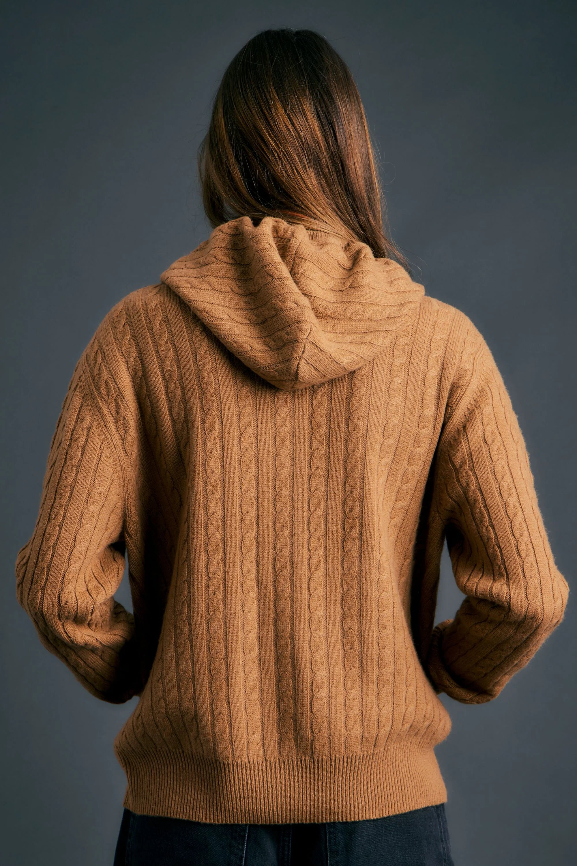 KAREN WALKER CAMPUS CABLE KNIT HOODIE TAN MERINO CASHMERE KNITWEAR