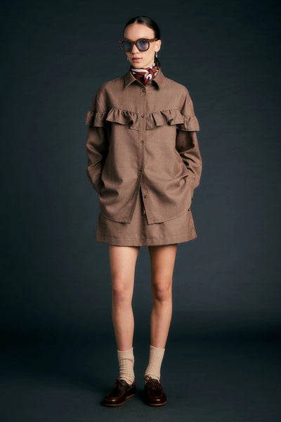 KAREN WALKER CHARTER SHIRT MERLOT MULTI HOUNDSTOOTH RUFFLE SHIRT