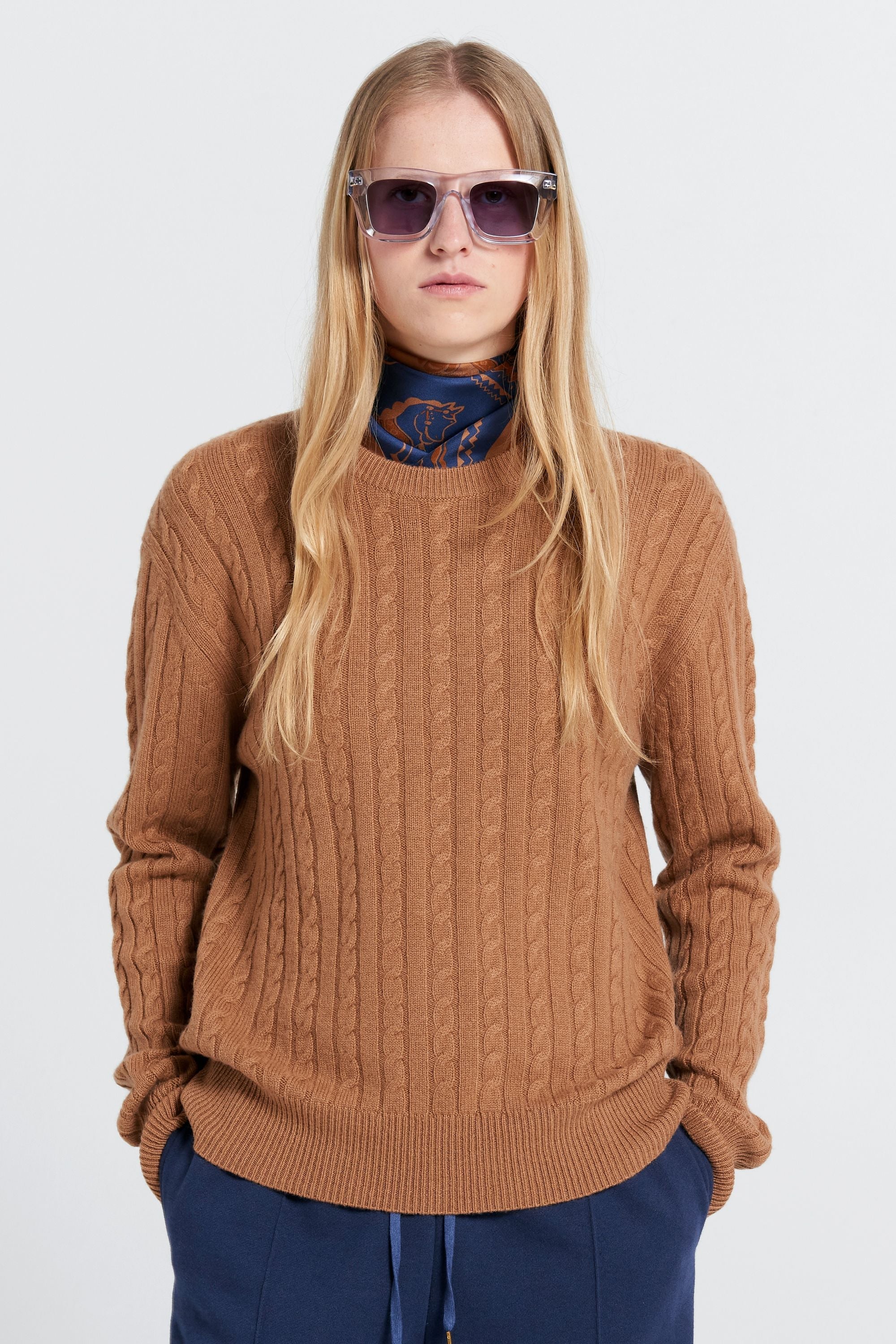 KAREN WALKER CLASSIC CABLE KNIT SWEATER TAN MERINO CASHMERE KNITWEAR