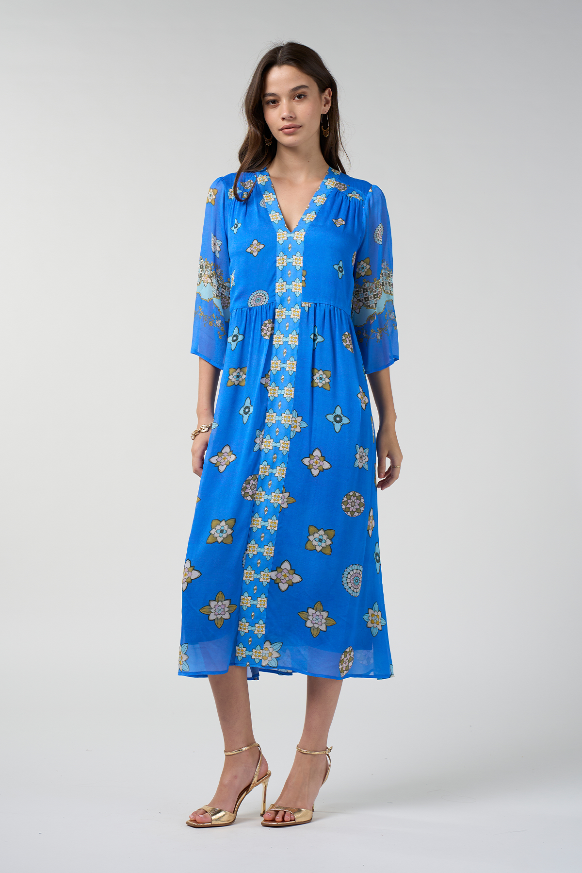 LOOBIES STORY DAMBULLA MIDI DRESS RAYON NYLON BLUE FLROAL DRESS 