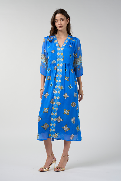 LOOBIES STORY DAMBULLA MIDI DRESS RAYON NYLON BLUE FLROAL DRESS 
