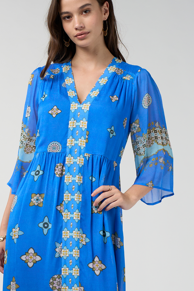 LOOBIES STORY DAMBULLA MIDI DRESS RAYON NYLON BLUE FLROAL DRESS 
