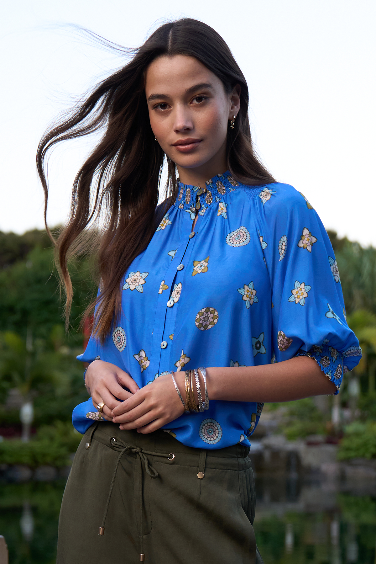 LOOBIES STORY DAMBULLA SHIRT AZURE MULTI BLUE FLORAL PRINT RAYON NYLON BLOUSE