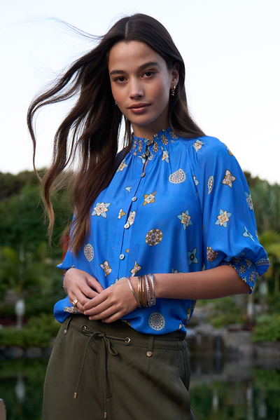 LOOBIES STORY DAMBULLA SHIRT AZURE MULTI BLUE FLORAL PRINT RAYON NYLON BLOUSE