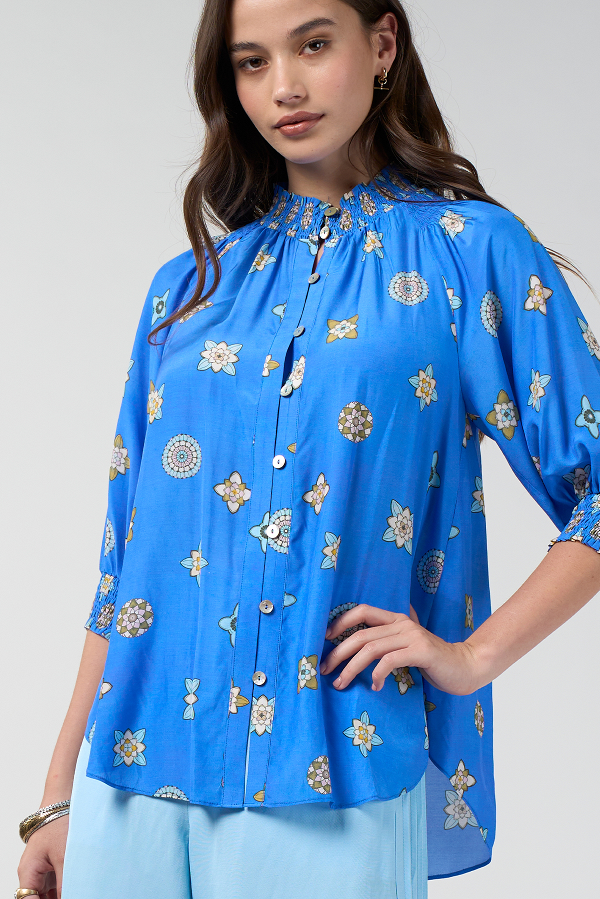 LOOBIES STORY DAMBULLA SHIRT AZURE MULTI BLUE FLORAL PRINT RAYON NYLON BLOUSE
