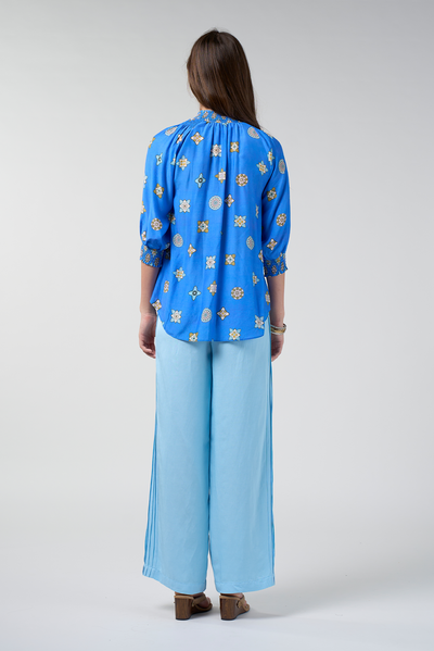 LOOBIES STORY DAMBULLA SHIRT AZURE MULTI BLUE FLORAL PRINT RAYON NYLON BLOUSE