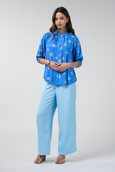 LOOBIES STORY DAMBULLA SHIRT AZURE MULTI BLUE FLORAL PRINT RAYON NYLON BLOUSE