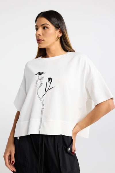 INK DANDELION TEE BLACK WHITE FLORAL STITCHING EMBRODERY BOXY TOP