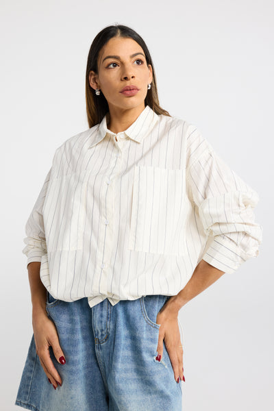 INK DEAN SHIRT WHITE STRIPE BALLOON SHIRT GATHERED HEM SHIRT STRIPE SHIRT SUMMER SHIRT LIGHTWEIGHT SHIRT COTTON SHIRT TOP TOPS 