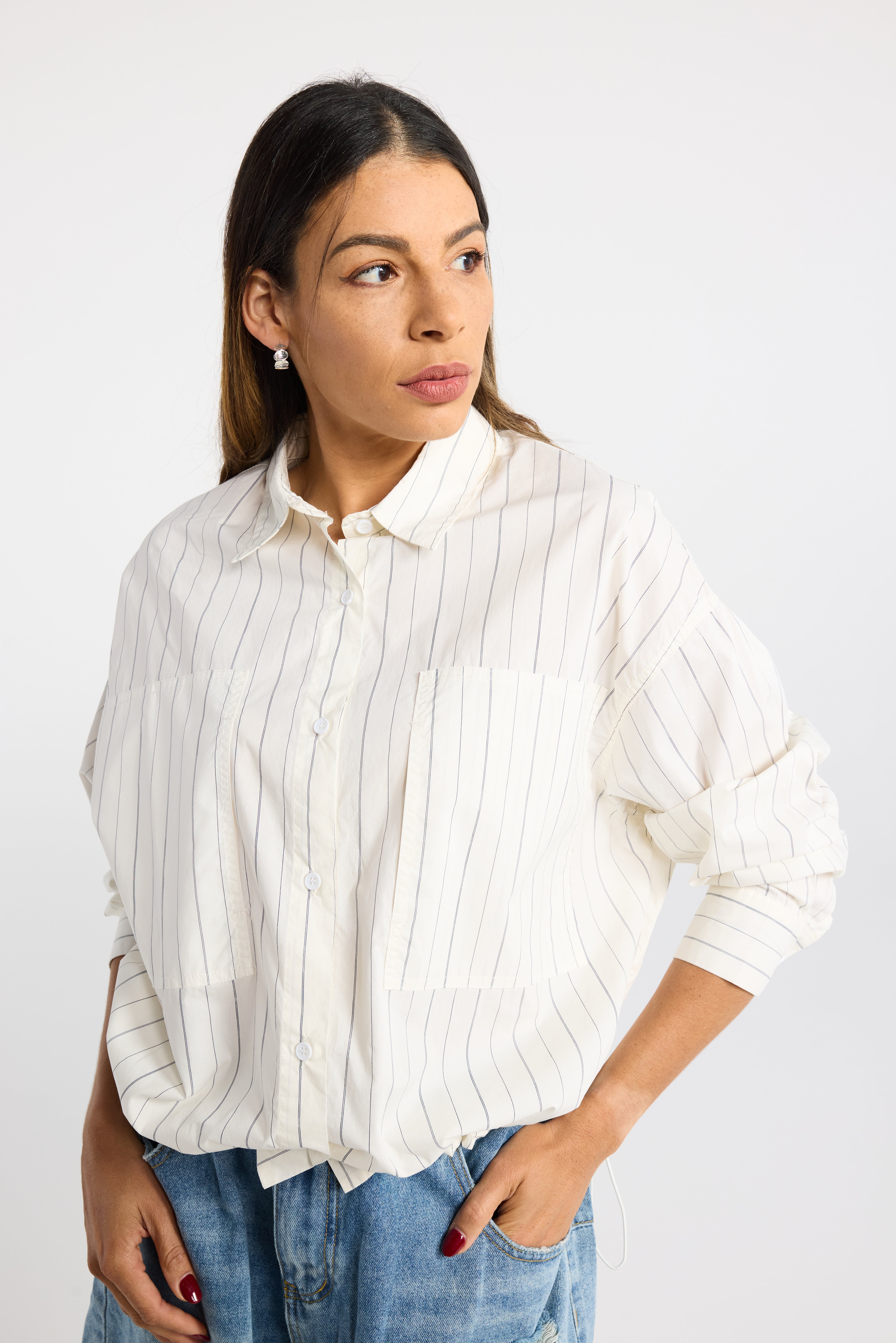 INK DEAN SHIRT WHITE STRIPE BALLOON SHIRT GATHERED HEM SHIRT STRIPE SHIRT SUMMER SHIRT LIGHTWEIGHT SHIRT COTTON SHIRT TOP TOPS 