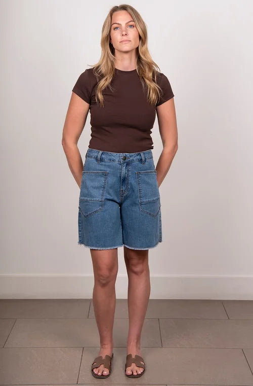 NEW LONDON DURHAM SHORTS MID WASH BLUE DENIM LONGLINE SHORT