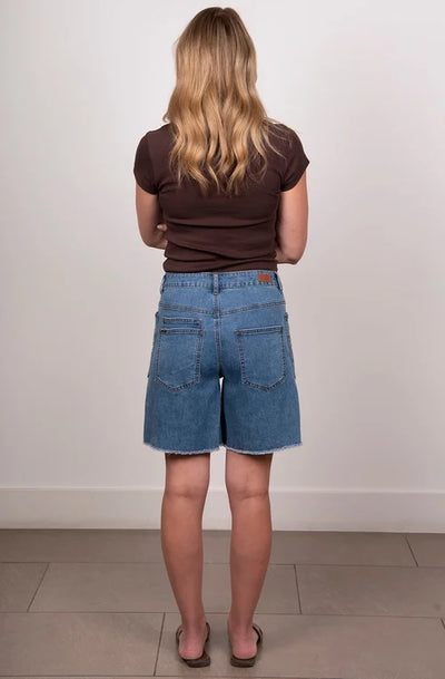 NEW LONDON DURHAM SHORTS MID WASH BLUE DENIM LONGLINE SHORT