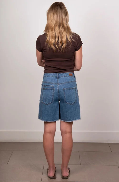 NEW LONDON DURHAM SHORTS MID WASH BLUE DENIM LONGLINE SHORT