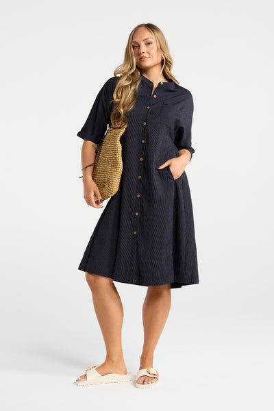 INK DYLAN DRESS NAVY STRIPE COTTON DRESS BUTTON UP DRESS DRESS WITH POCKETS PINSTRIPE DRESS MIDI DRESS SHIRT DRESS NAVY DRESS