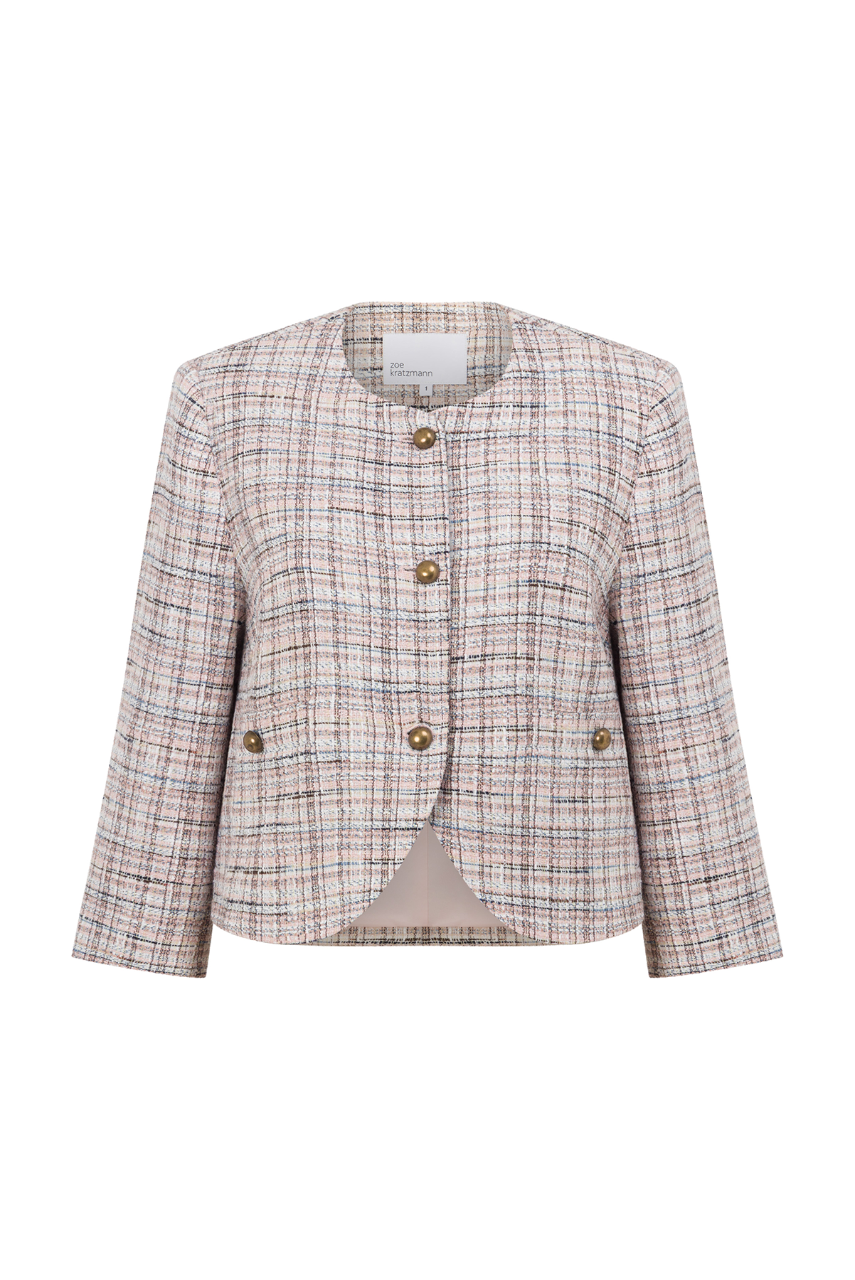 ZOE KRATSMANN ELEMENT JACKET COLLARLESS JACKET WITH 3/4 LENGTH SLEEVES BRASS BUTTONS AND FAUX FRONT POCKETS
