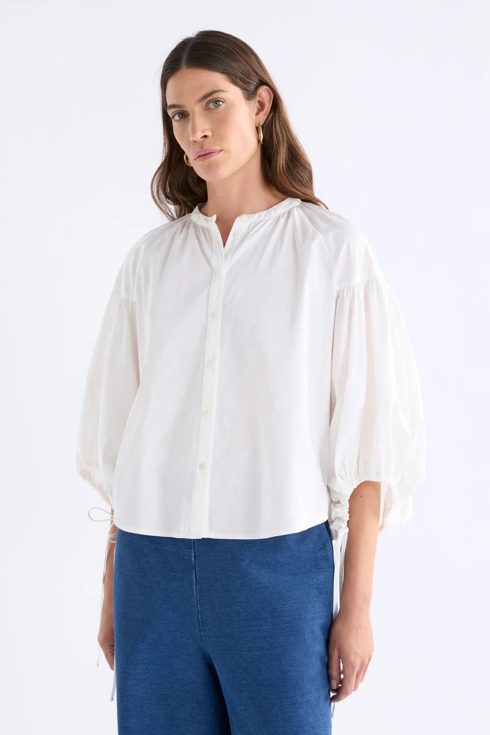 ELK ELLER SHIRT WHIT BUTTON UP COLLARLESS SHIRT WITH GARTHERS ALONG THE NECKLINE AND TIE ADJUSTABLE SLEEVS CUFFS 