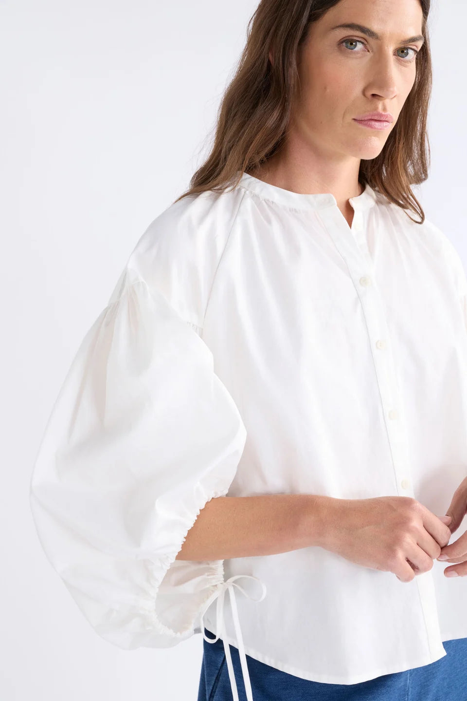 ELK ELLER SHIRT WHIT BUTTON UP COLLARLESS SHIRT WITH GARTHERS ALONG THE NECKLINE AND TIE ADJUSTABLE SLEEVS CUFFS 