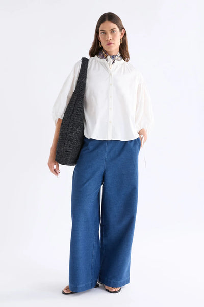 ELK ELLER SHIRT WHIT BUTTON UP COLLARLESS SHIRT WITH GARTHERS ALONG THE NECKLINE AND TIE ADJUSTABLE SLEEVS CUFFS 