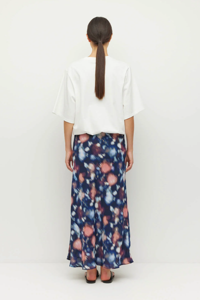 JULIETTE HOGAN EM SKIRT BLUE BIAS CUT POLYESTER FLROAL MAXI SKIRT
